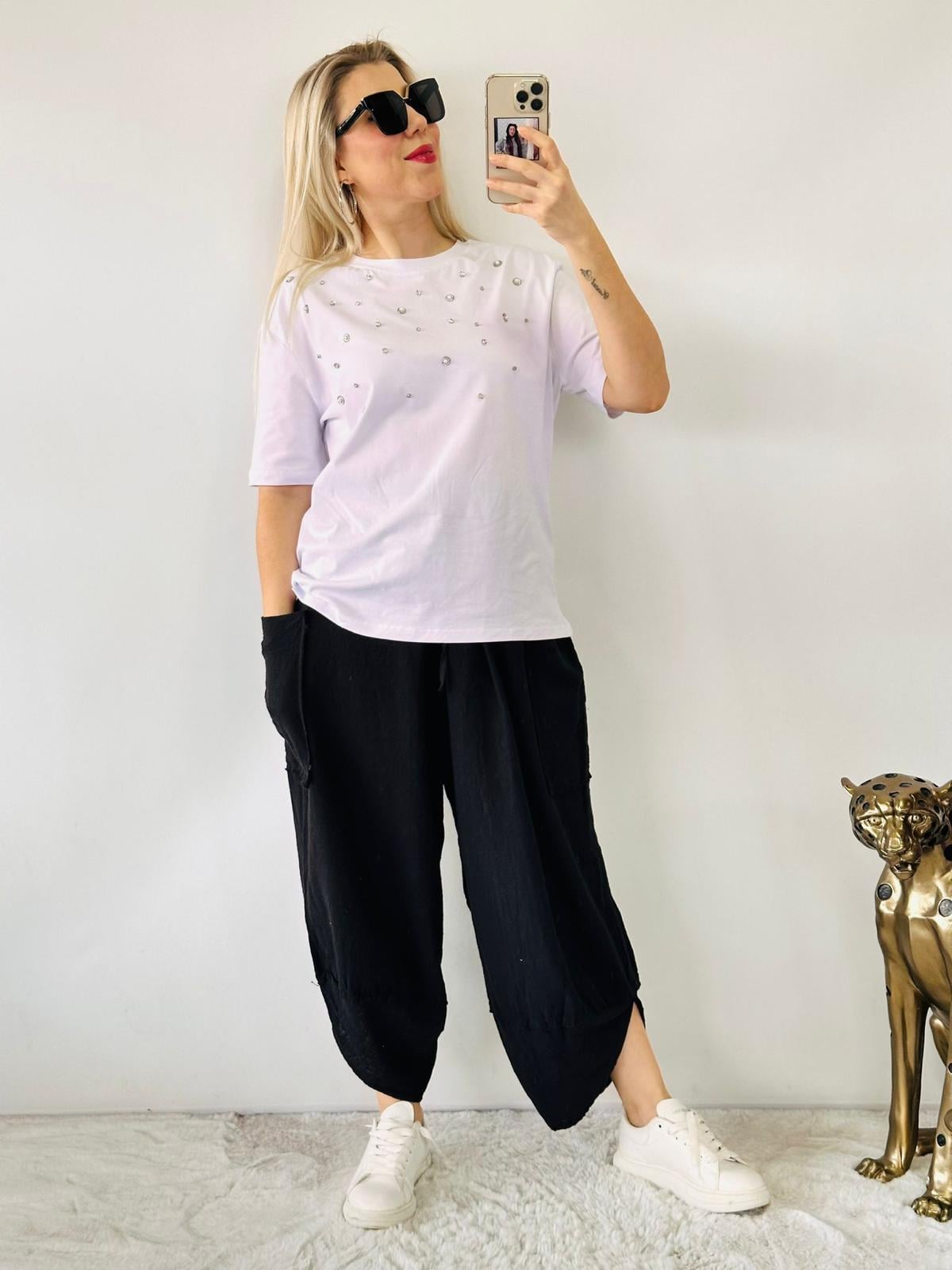 Beyaz Zara Model Taşlı Tişört