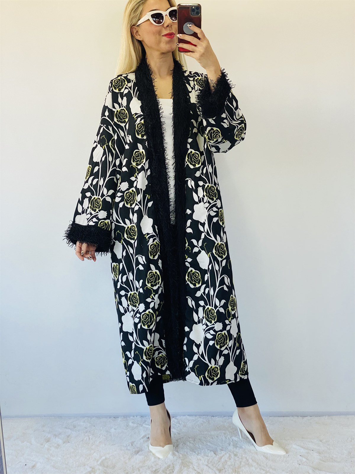 Yeşil Tasarım İthal Çiçek Desen Kimono 