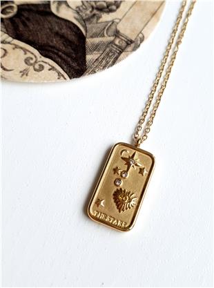 The Stars Çelik ve Taşlı Gold Madalyon Kolye