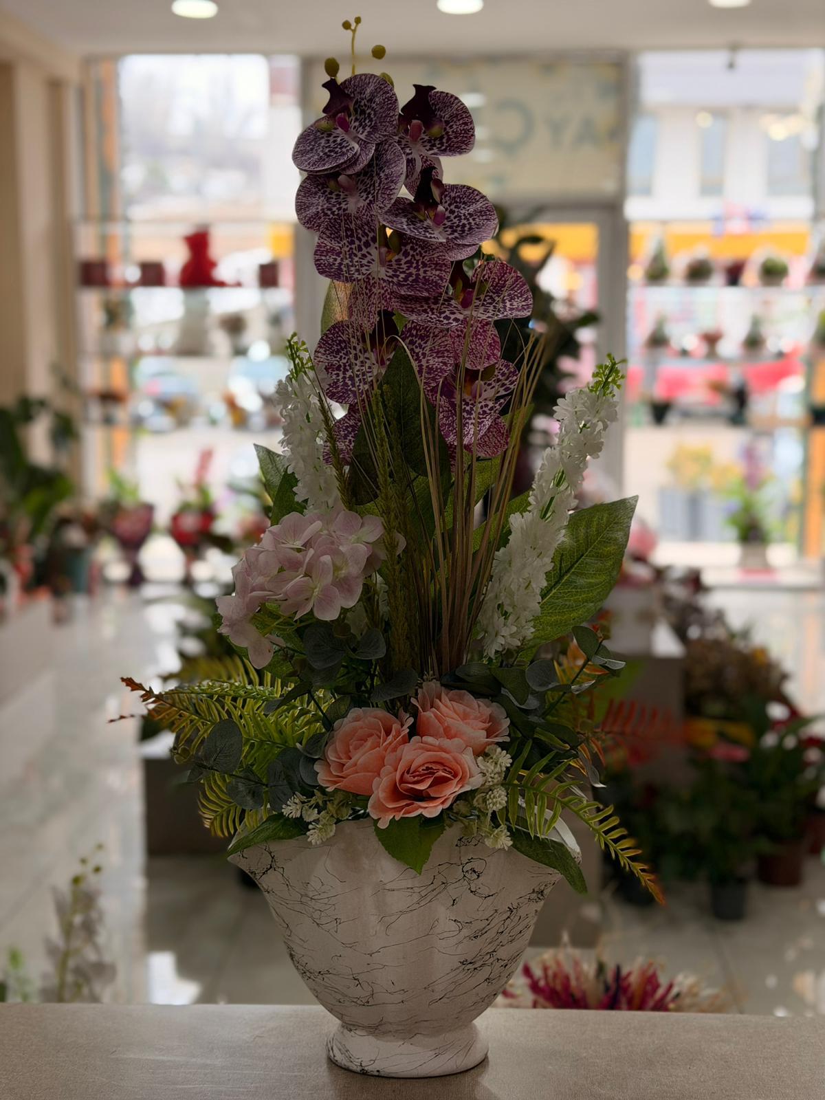 Desenli Seramik Yapay Mor Desenli Orkide