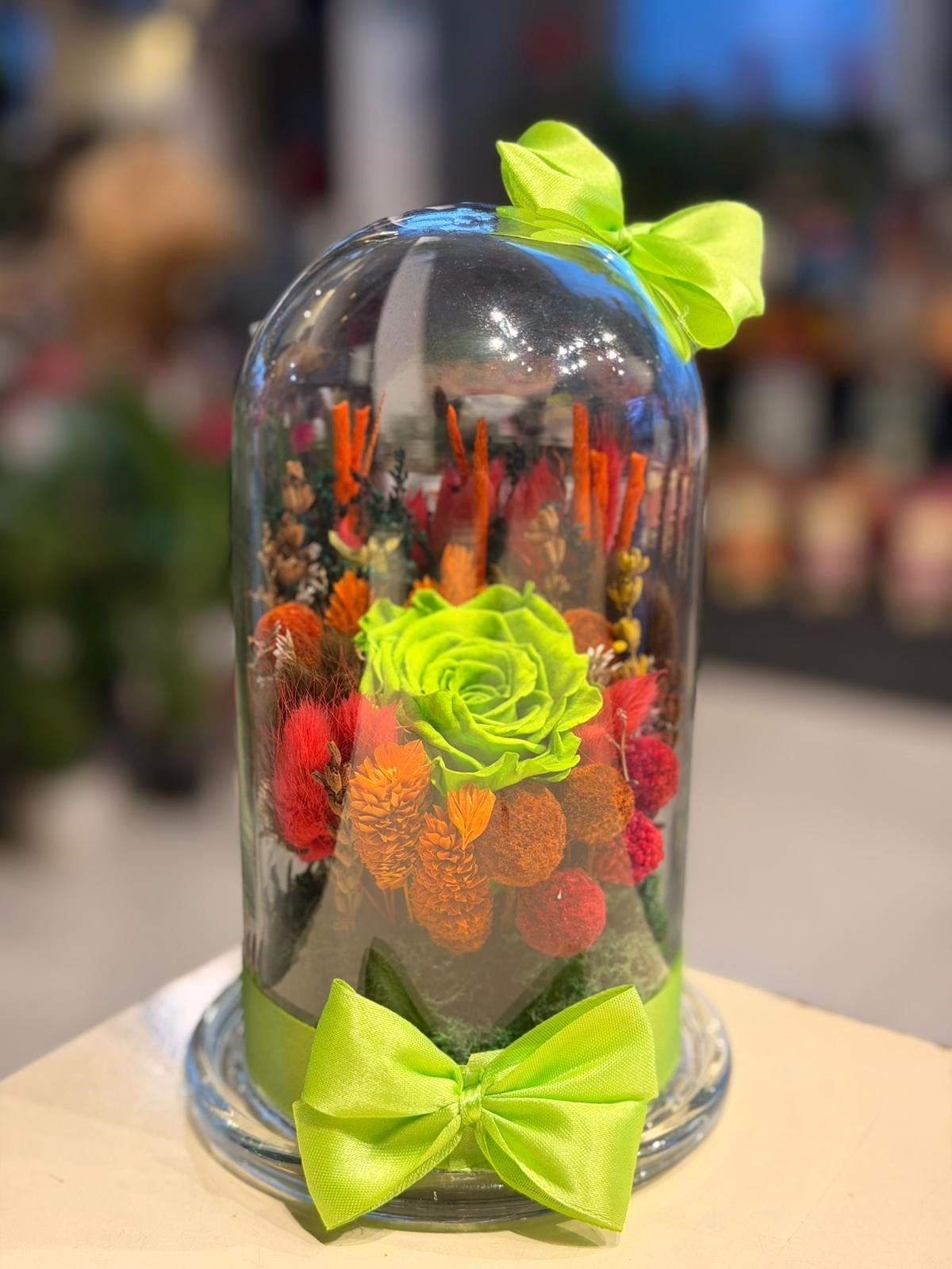 Fanus İçerisinde İthal Şoklanmış Yeşil Gül Aranjmanı