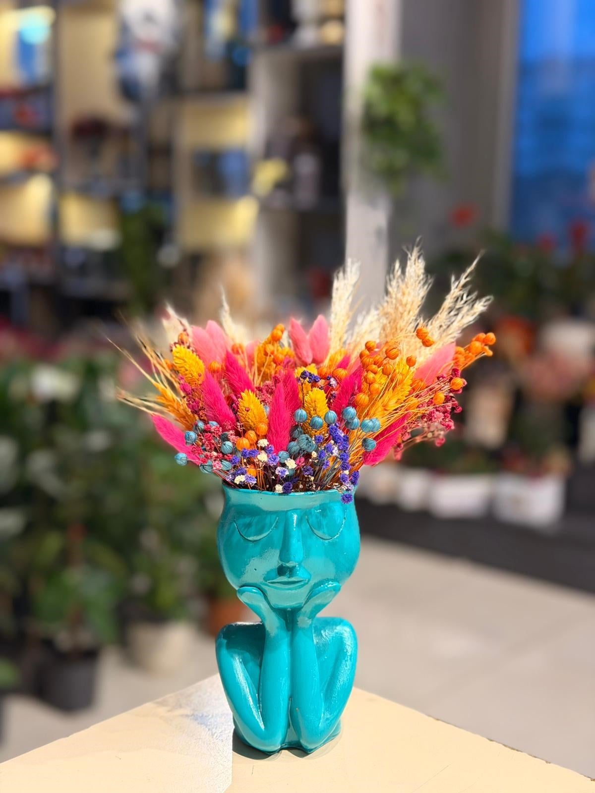 Mavi Düşünen Adam Seramik Kuru Çiçek