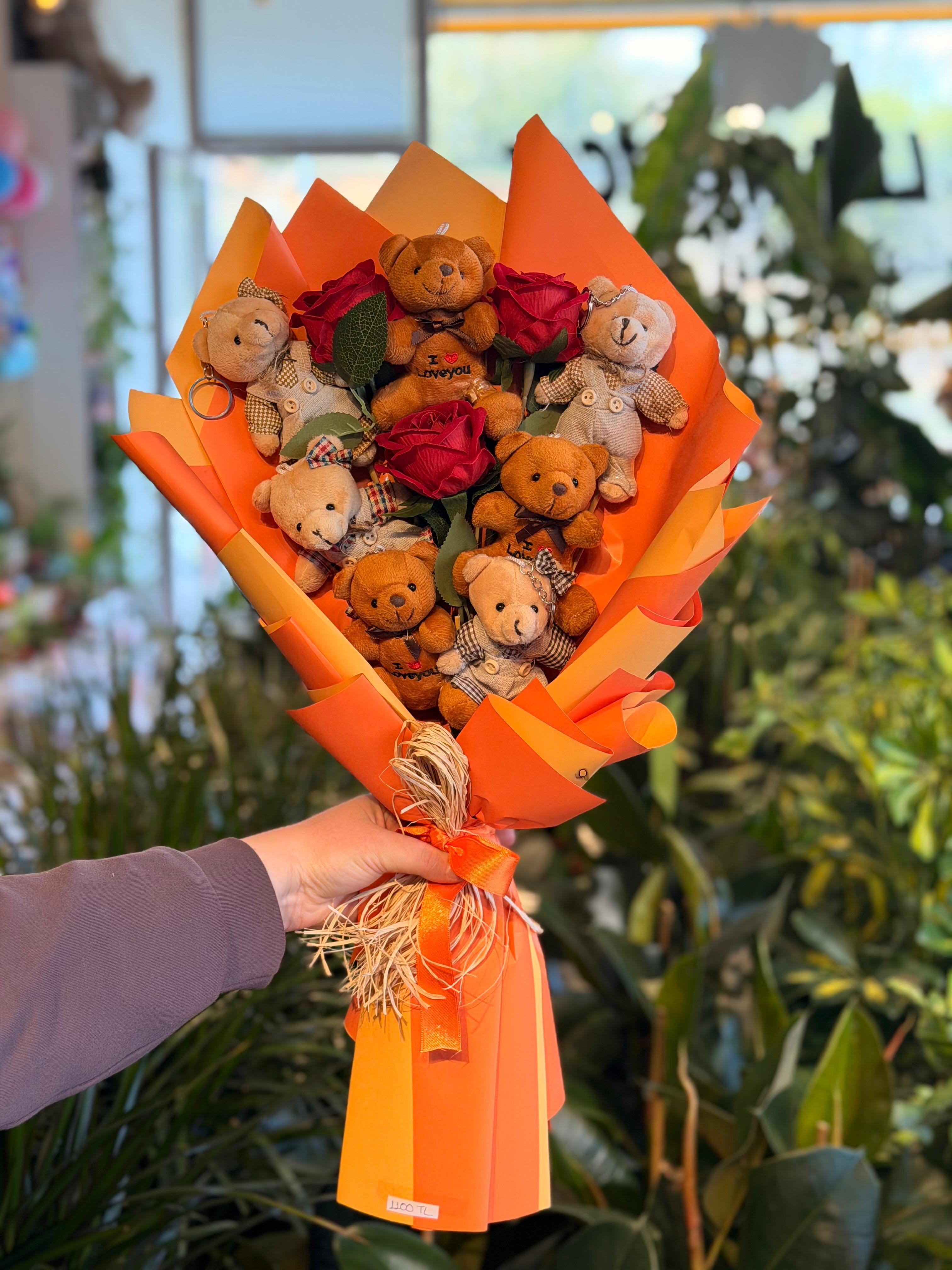 Peluş Ayıcık Yapay Kırmızı Gül Buketi Turuncu Paket