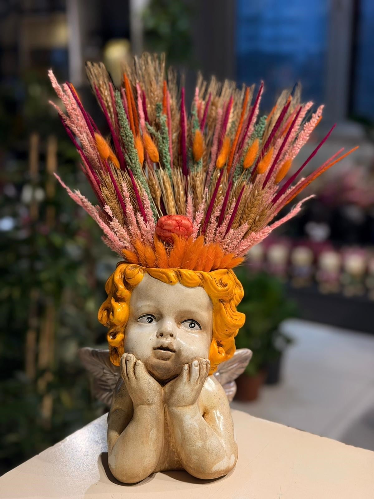 Turuncu Saçlı Krem Melek Seramik Turuncu Kuru Çiçek Detaylı