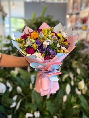 Karışık Mevsim Buketi Ay Çiçeği Pembe Mavi Paket