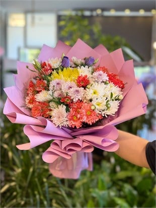Renkli Karışık Mevsim Buketi Pembe Paket