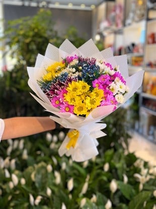 Renkli Papatya Buketi Beyaz Paket
