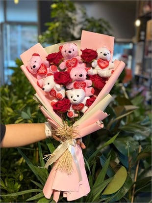 Renkli Peluş Ayıcık Buketi Kırmızı Yapay Gül Pembe Paket