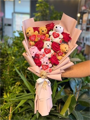 Renkli Peluş Ayıcık Yapay Kırmızı Gül  Buketi