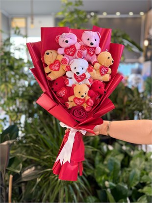 Renkli Peluş Ayıcık Yapay Kırmızı Gül