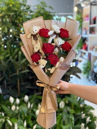 Yapay Kırmızı Gül Peluş Ayıcık Buketi