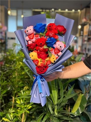 Yapay mavi Gül Renkli Peluş Ayıcık Buketi Mavi Paket