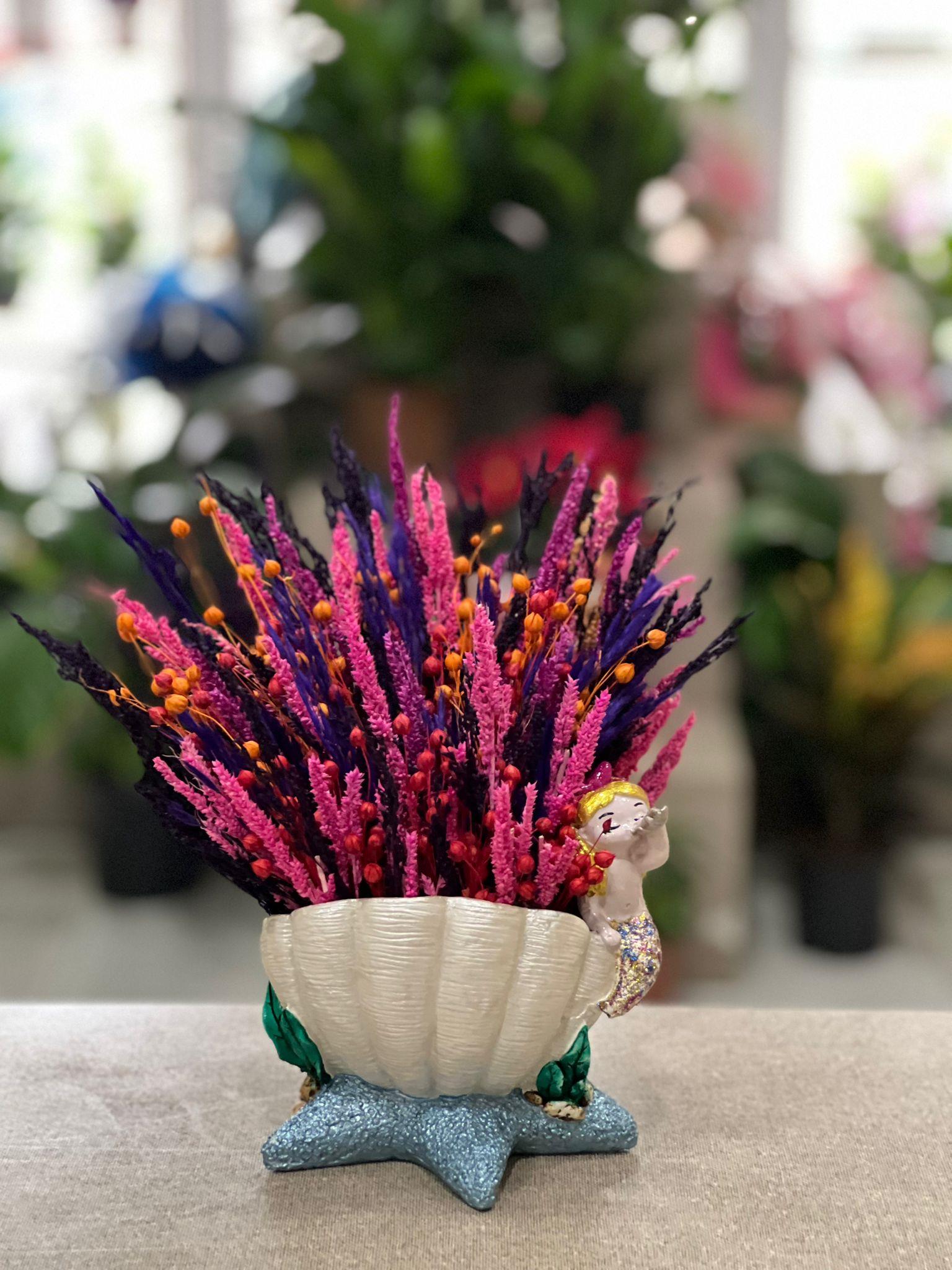 Beyaz Mavi Deniz Kızı Seramik Kuru Çiçek