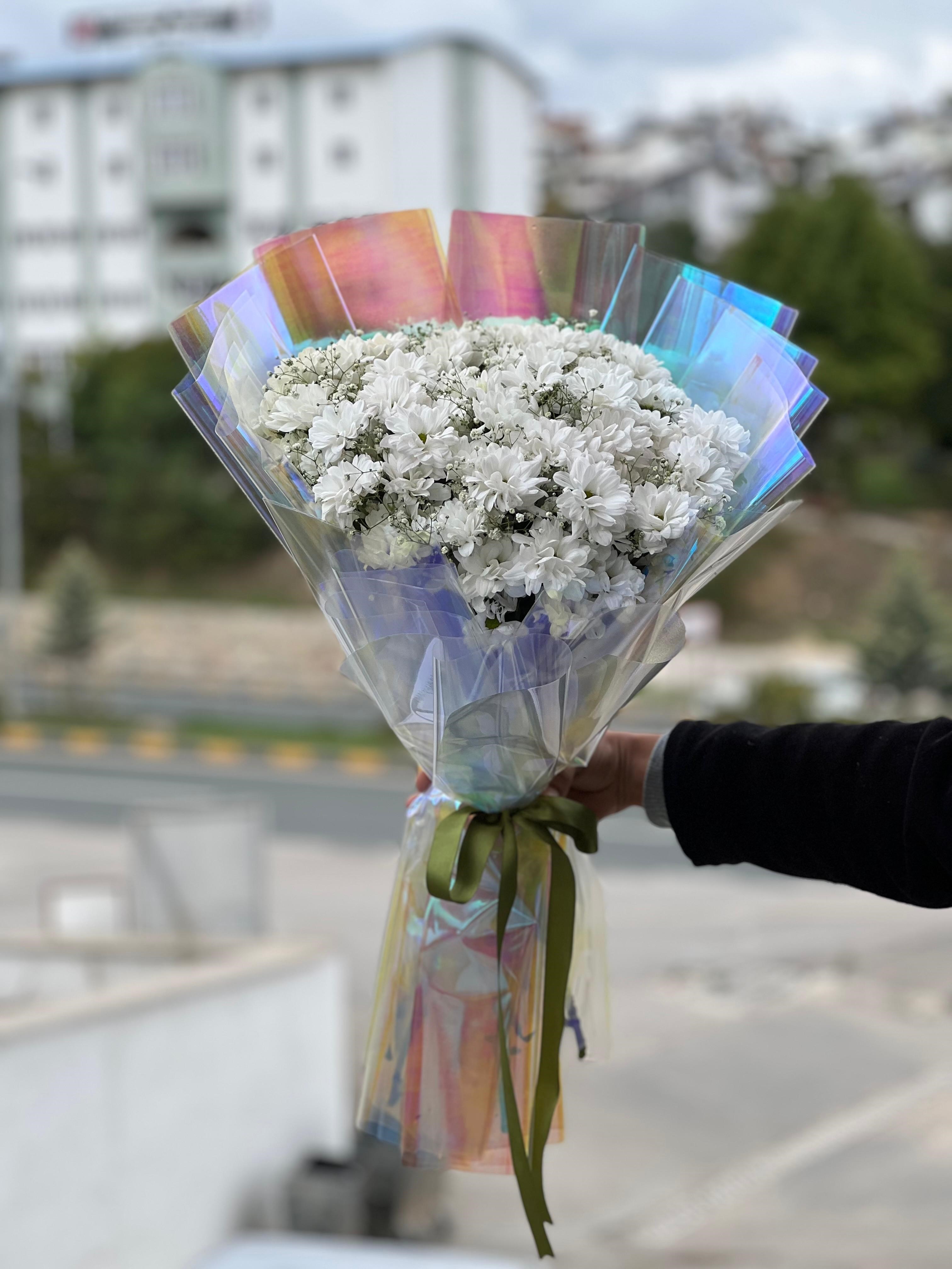 Beyaz Papatya Buketi Hologram Paket