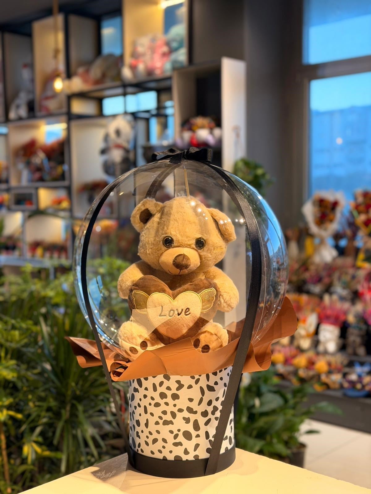 Beyaz Siyah Desenli Kutu Balon Ayıcık Aranjmanı