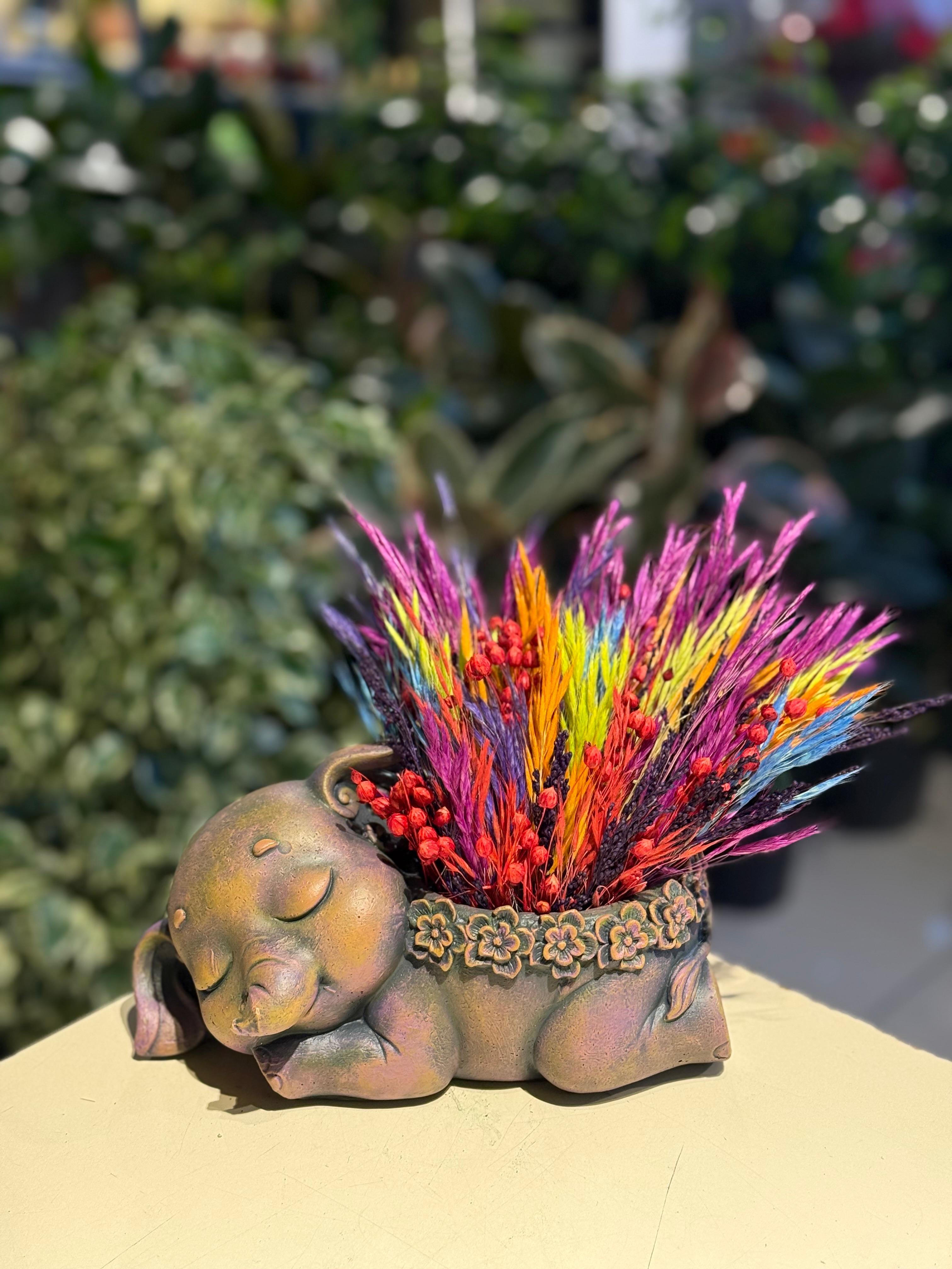 Eskitme Fil Seramik Kuru Çiçek Detaylı