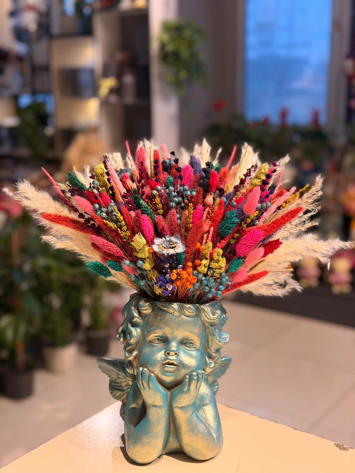 Eskitme Mavi Melek Seramik Kuru Çiçek