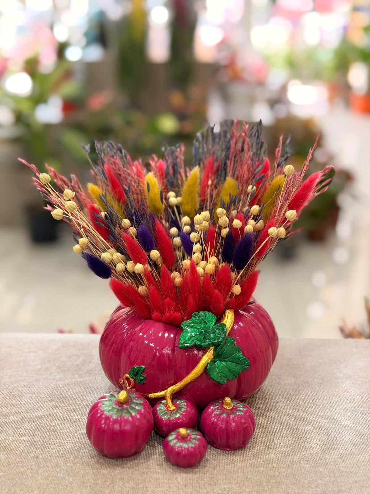 Kabak Seramik Kırmızı Kuru Çiçek Detaylı