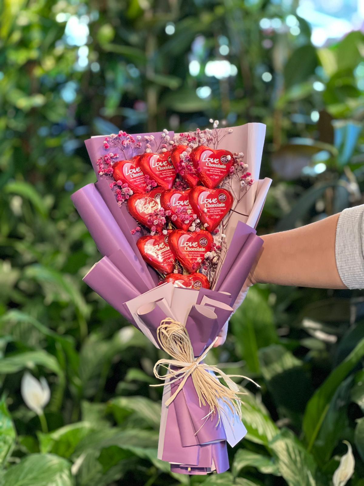 Kalpli Çikolata Buketi Mor Paket 10 Adet