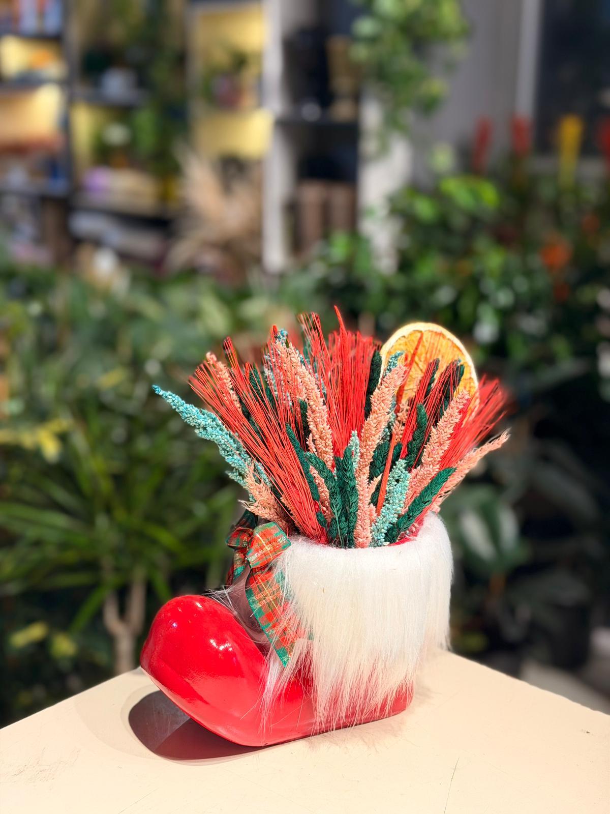 Kırmızı Çizme Seramik Kuru Çiçek Limon Detaylı