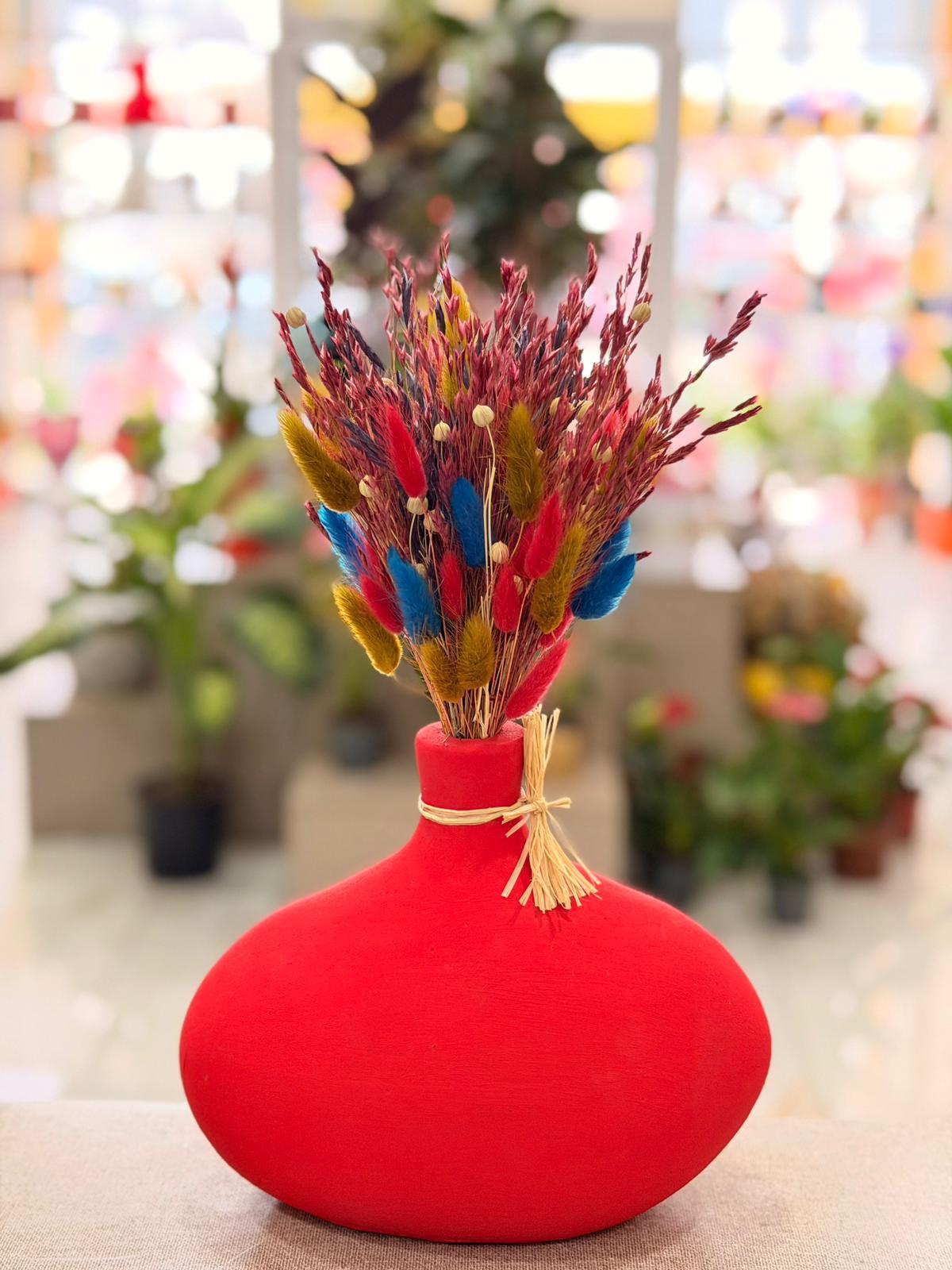 Kırmızı Oval Vazo Seramik Kuru Çiçek