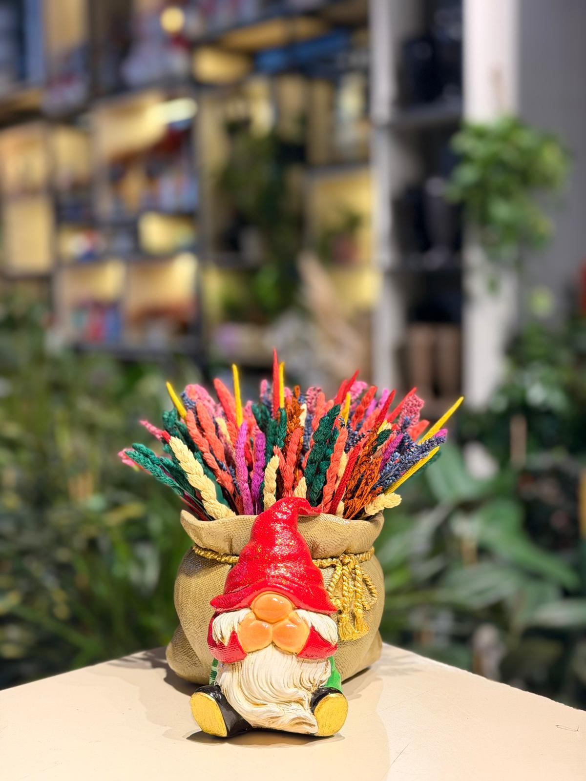 Kırmızı Şapkalı Cüce Seramik Kuru Çiçek