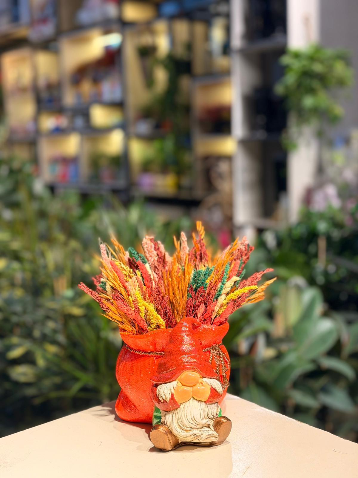 Kırmızı Şapkalı Cüce Seramik Kuru Çiçek