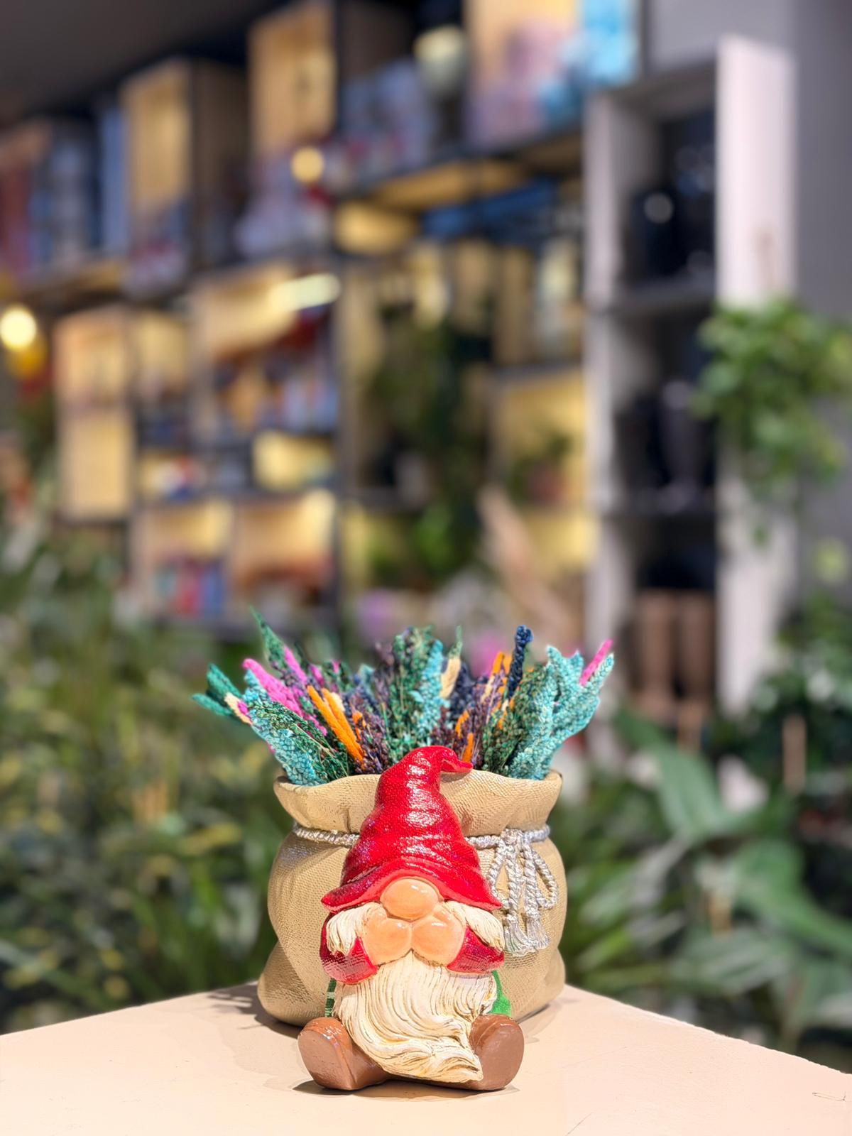 Kırmızı Şapkalı Cüce Seramik Mavi Kuru Çiçek