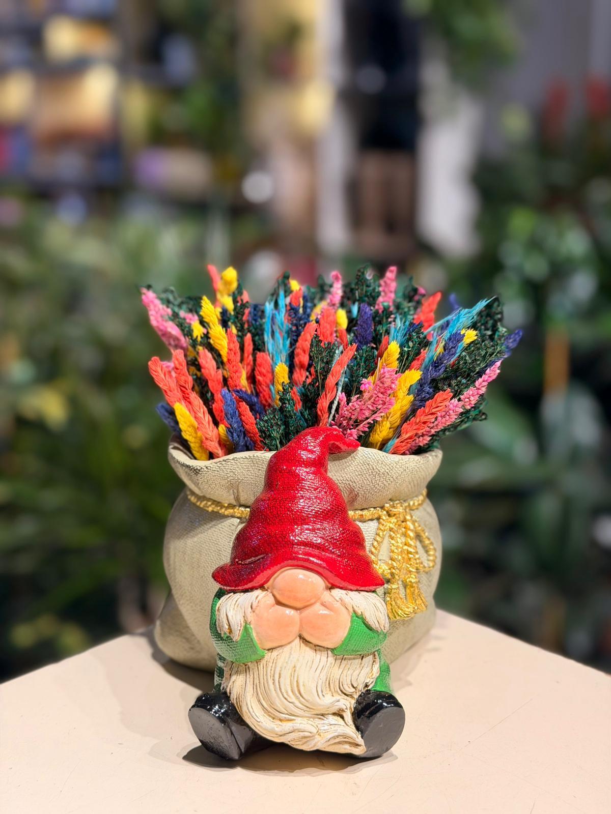 Kırmızı Şapkalı Krem Cüce Seramik Kuru Çiçek