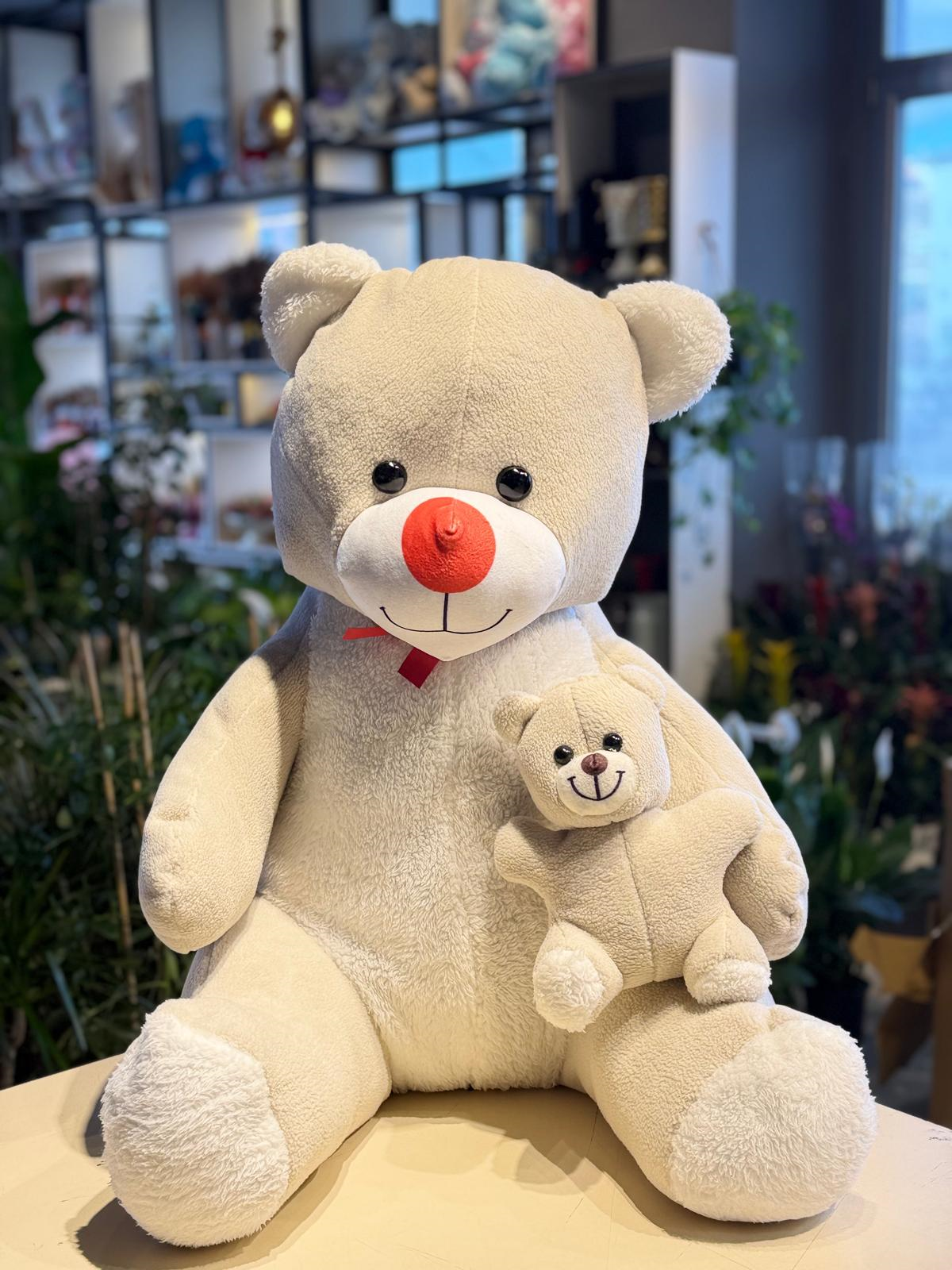 Krem Büyük Yavrulu Peluş Ayıcık