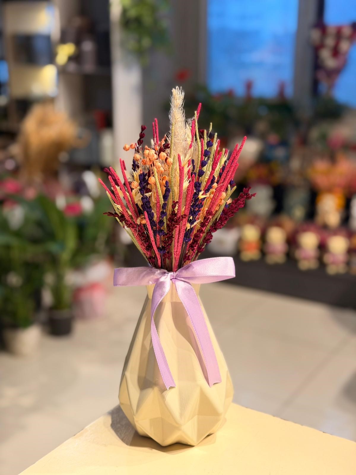 Krem Vazo Seramik Kuru Çiçek