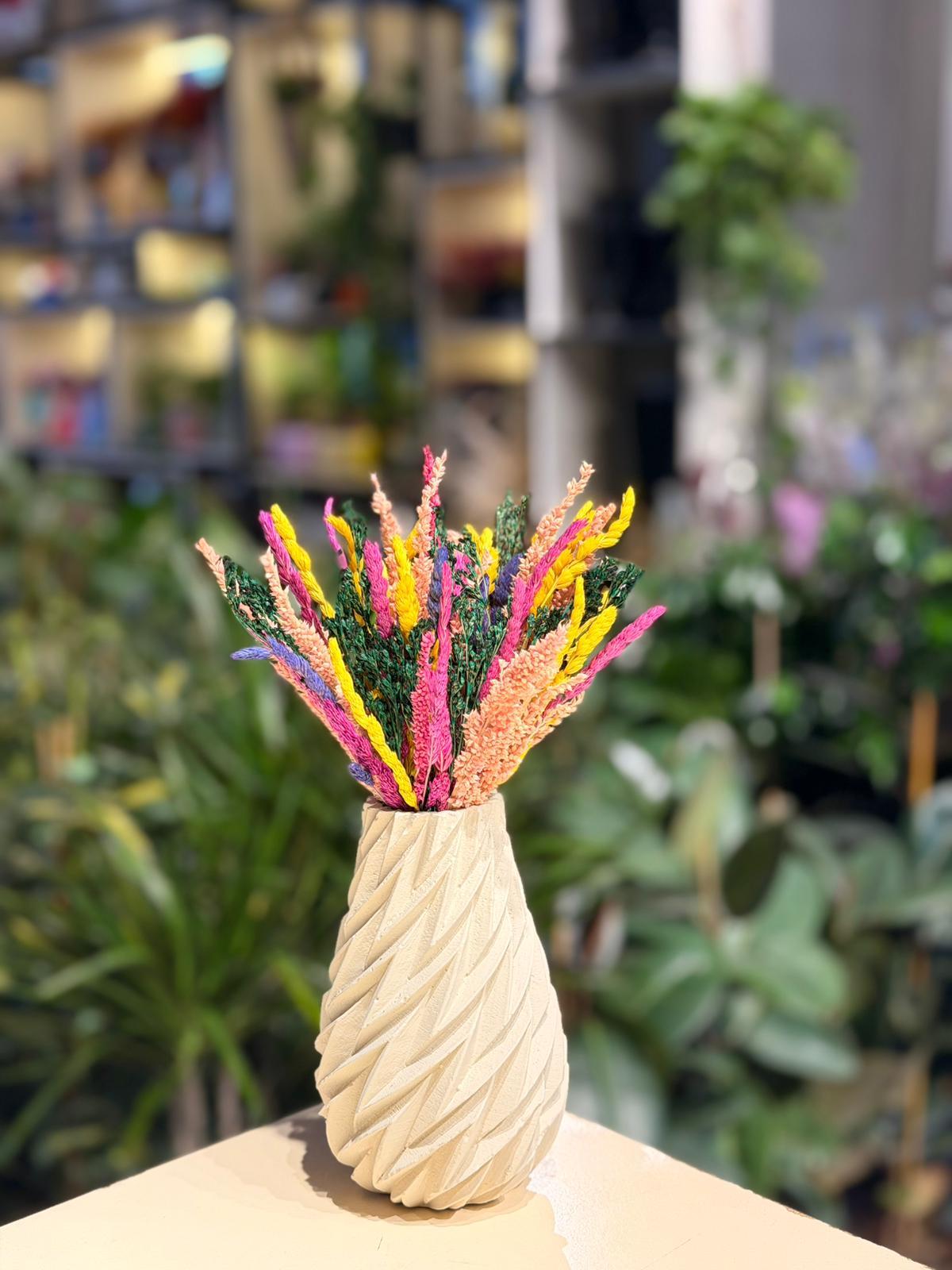 Krem Vazo Seramik Kuru Çiçek