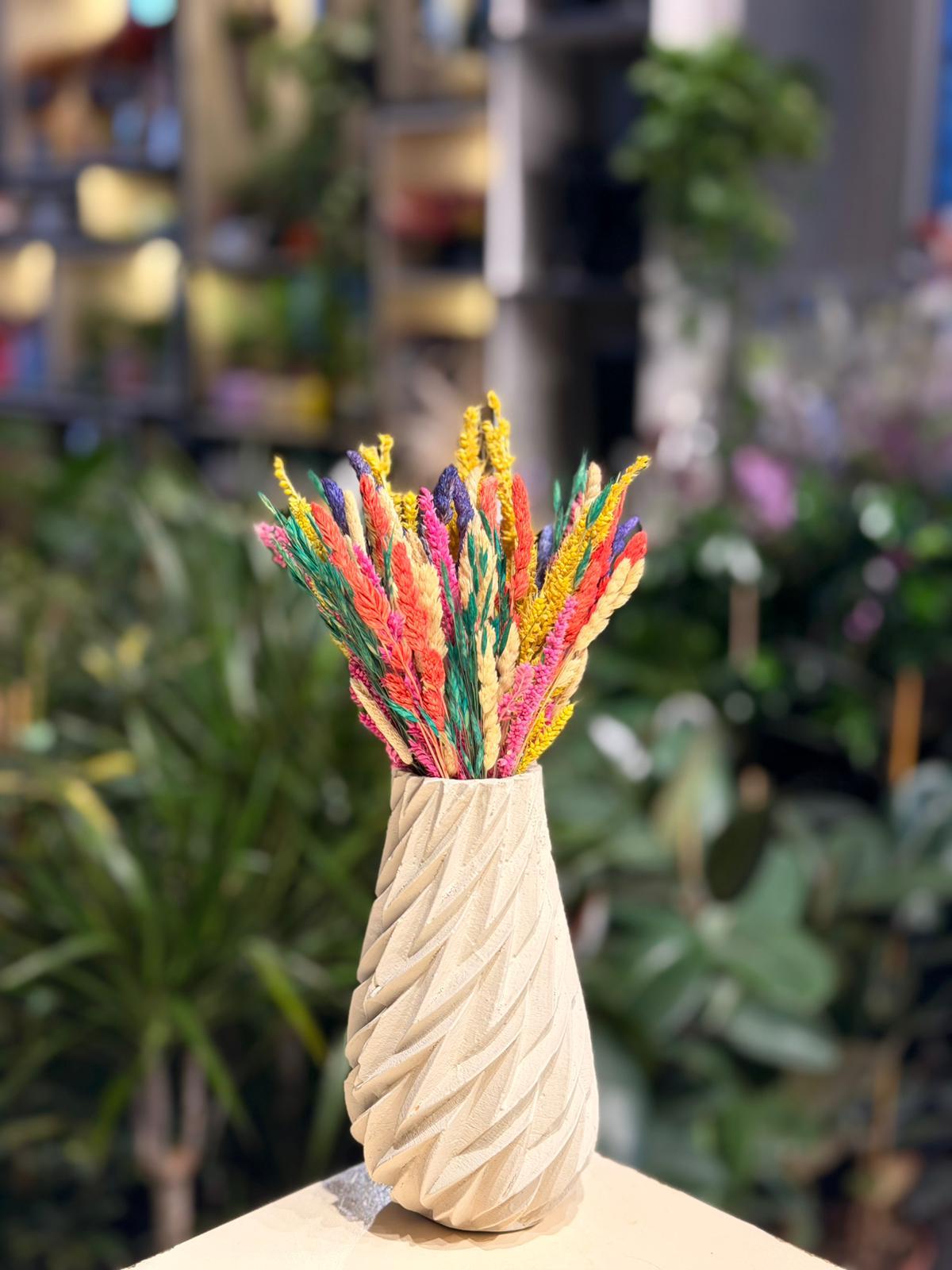 Krem Vazo Seramik Kuru Çiçek