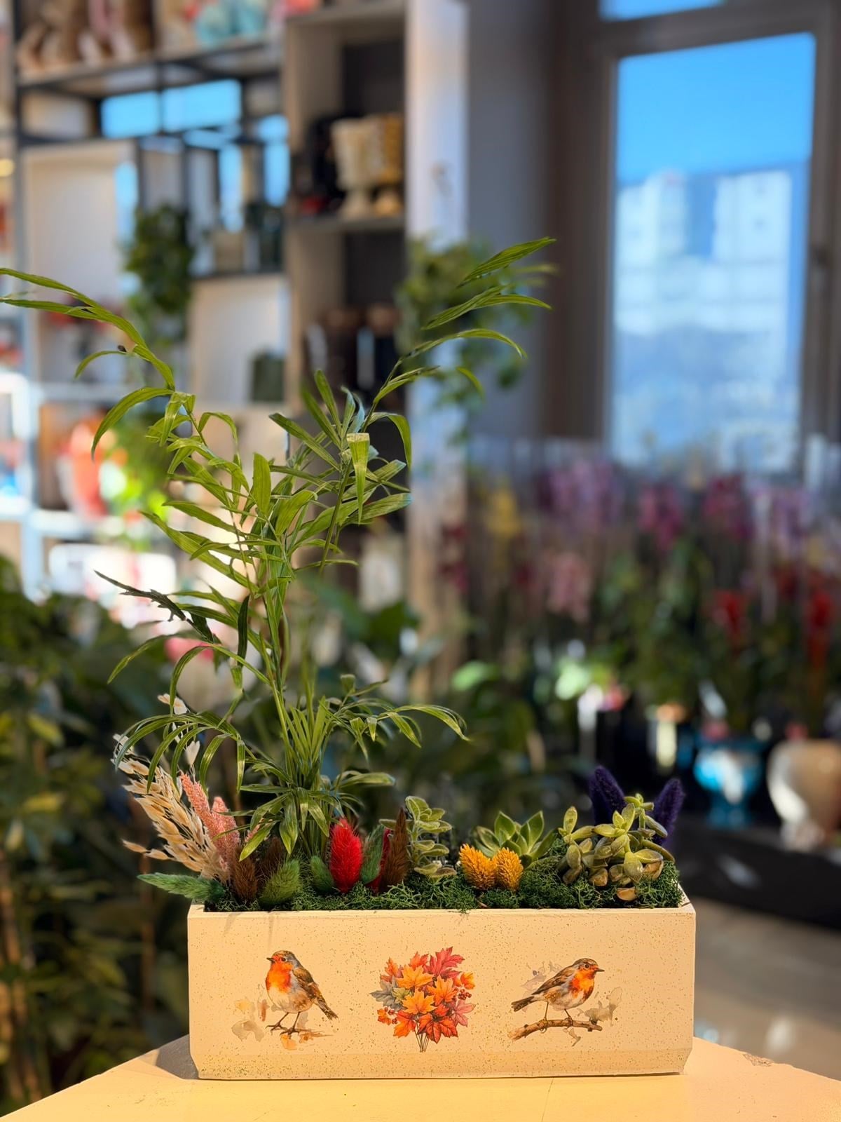 Kuş Desenli Dikdörtgen Seramik Chamaedorea Sukulent Sarı Kuru Çiçek Detaylı