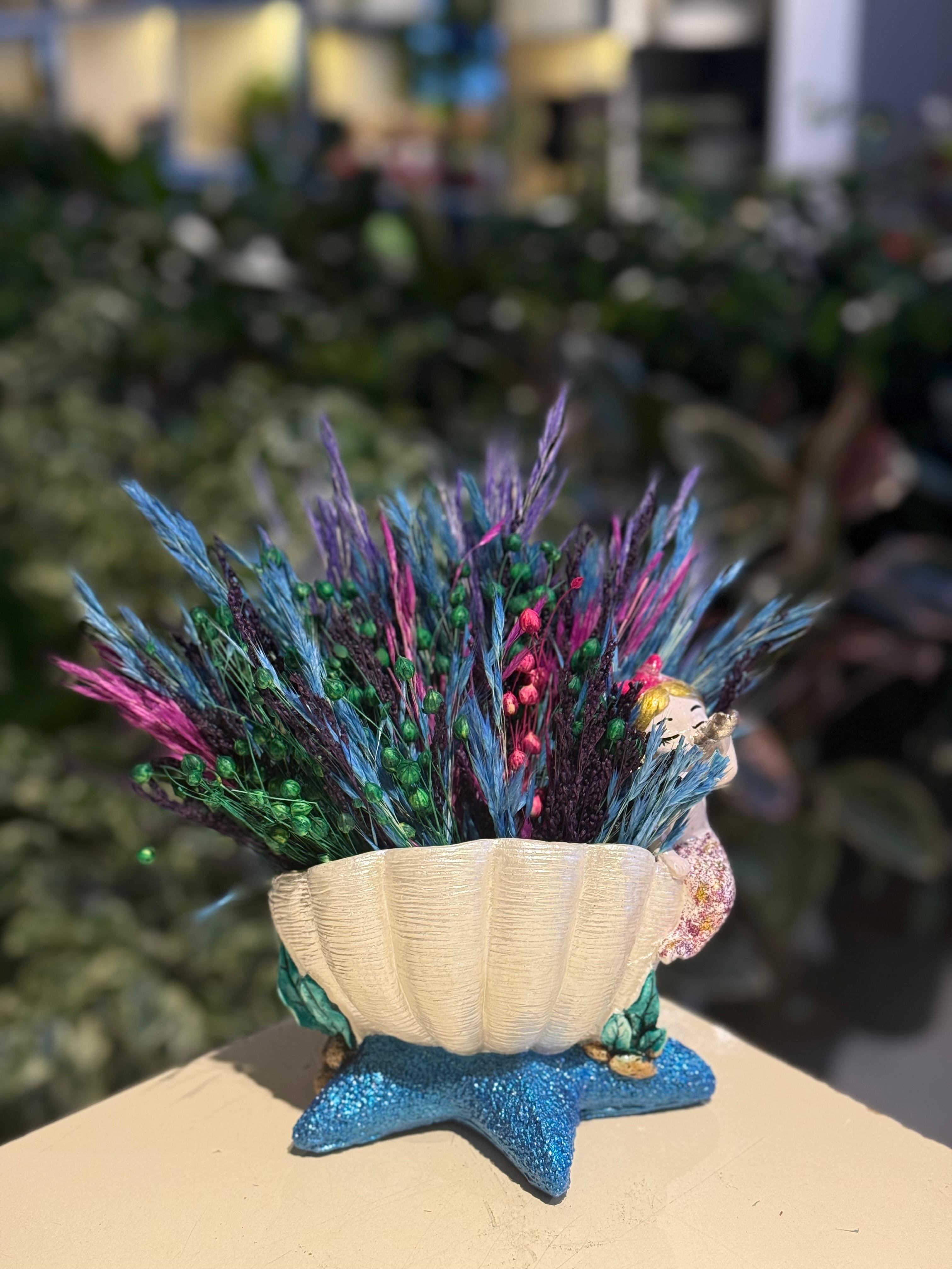 Mavi Beyaz Deniz Kızı Seramik Kuru Çiçek