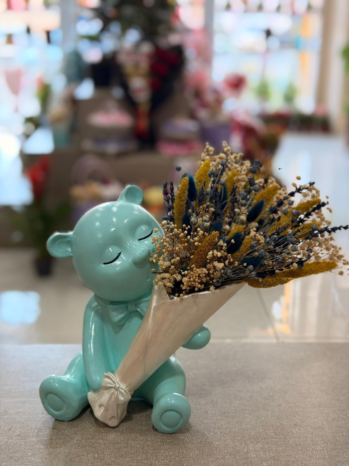 Mavi Krem Panda Seramik Kuru Çiçek