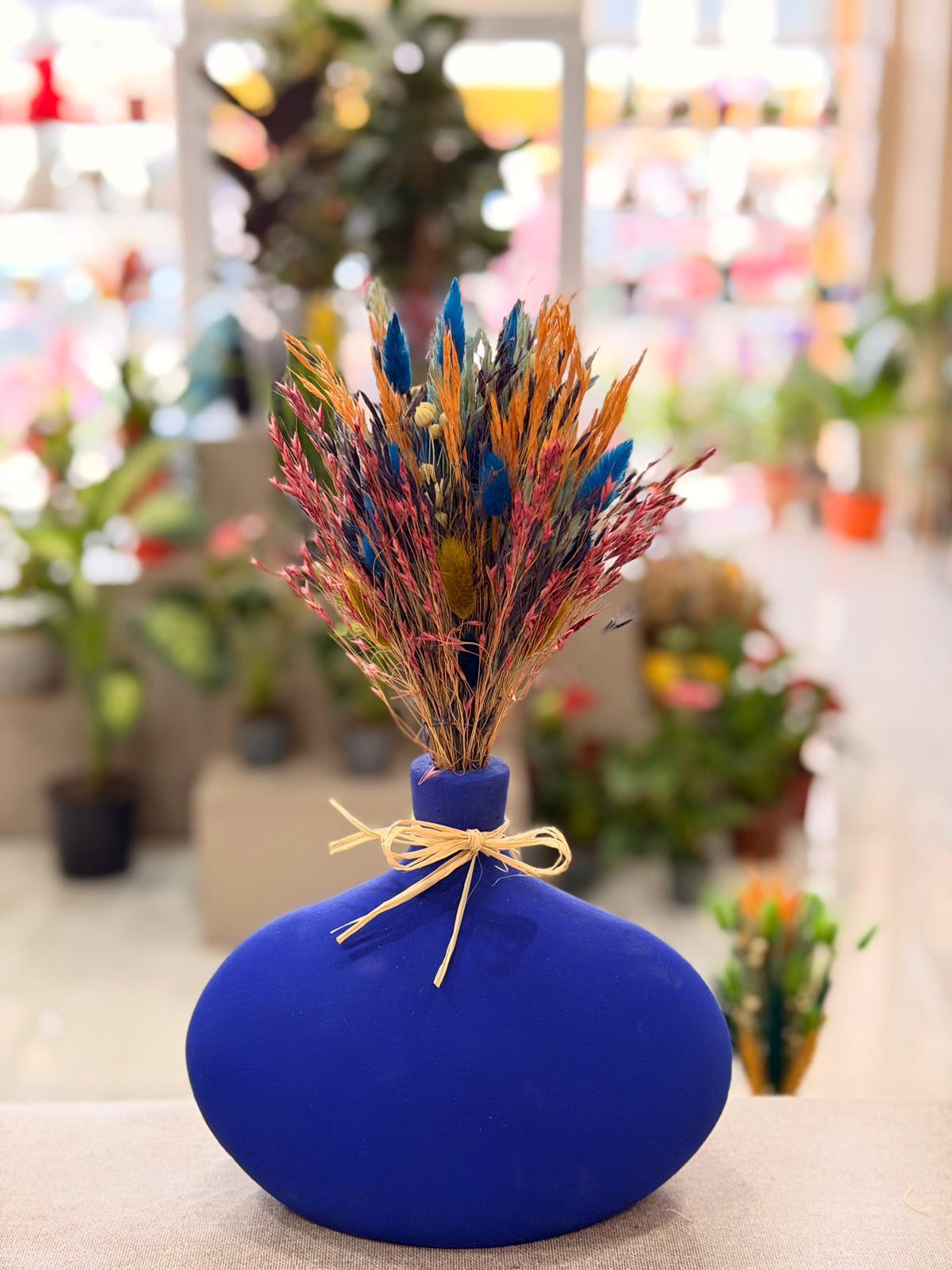 Mavi Oval Vazo Seramik Kuru Çiçek