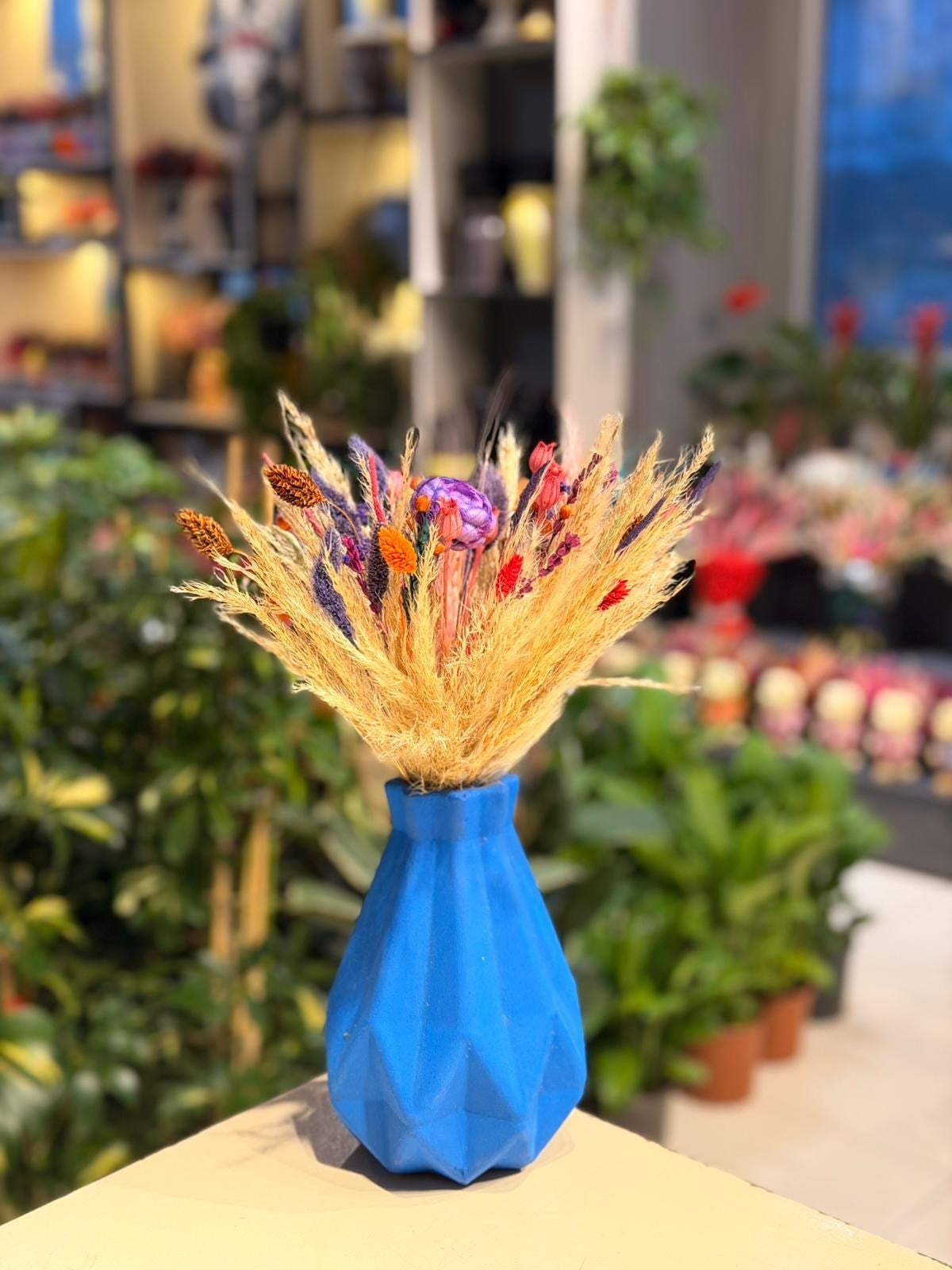 Mavi Vazo Seramik Kuru Çiçek