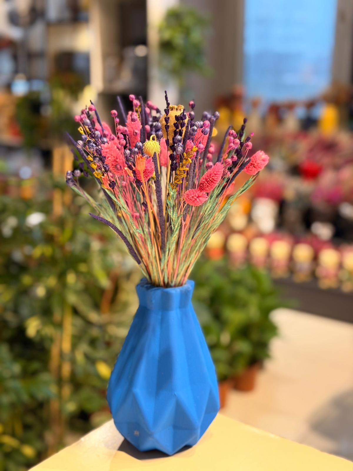 Mavi Vazo Seramik Pembe Kuru Çiçek