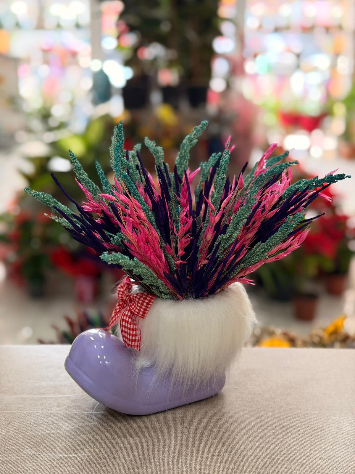 Mor Çizme Seramik Yeşil Pembe Kuru Çiçek