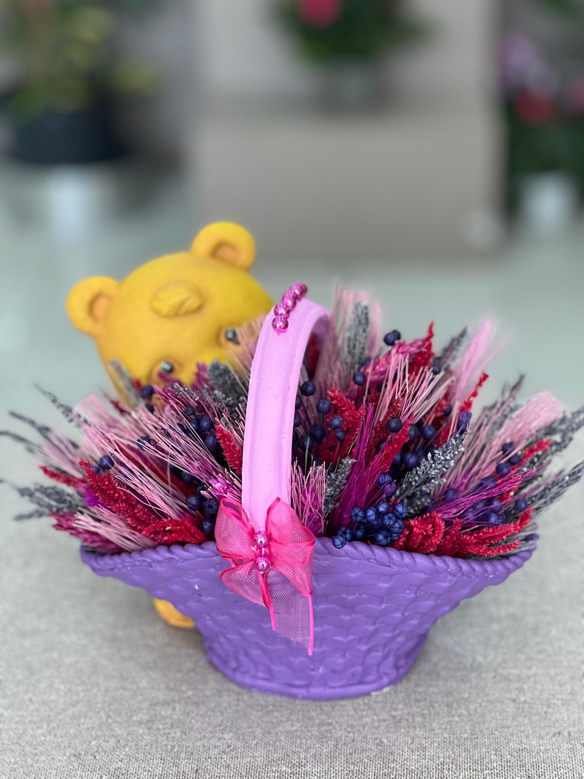 Mor Sepetli Ayıcık Seramik Kuru Çiçek