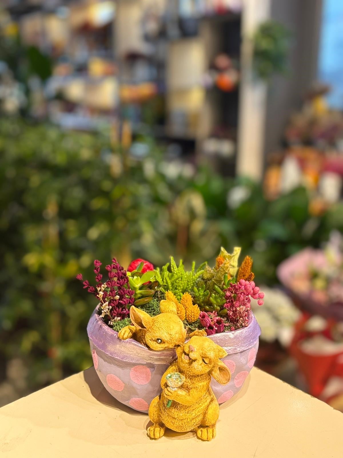 Mor Tavşan Seramik Sukulent Aranjmanı