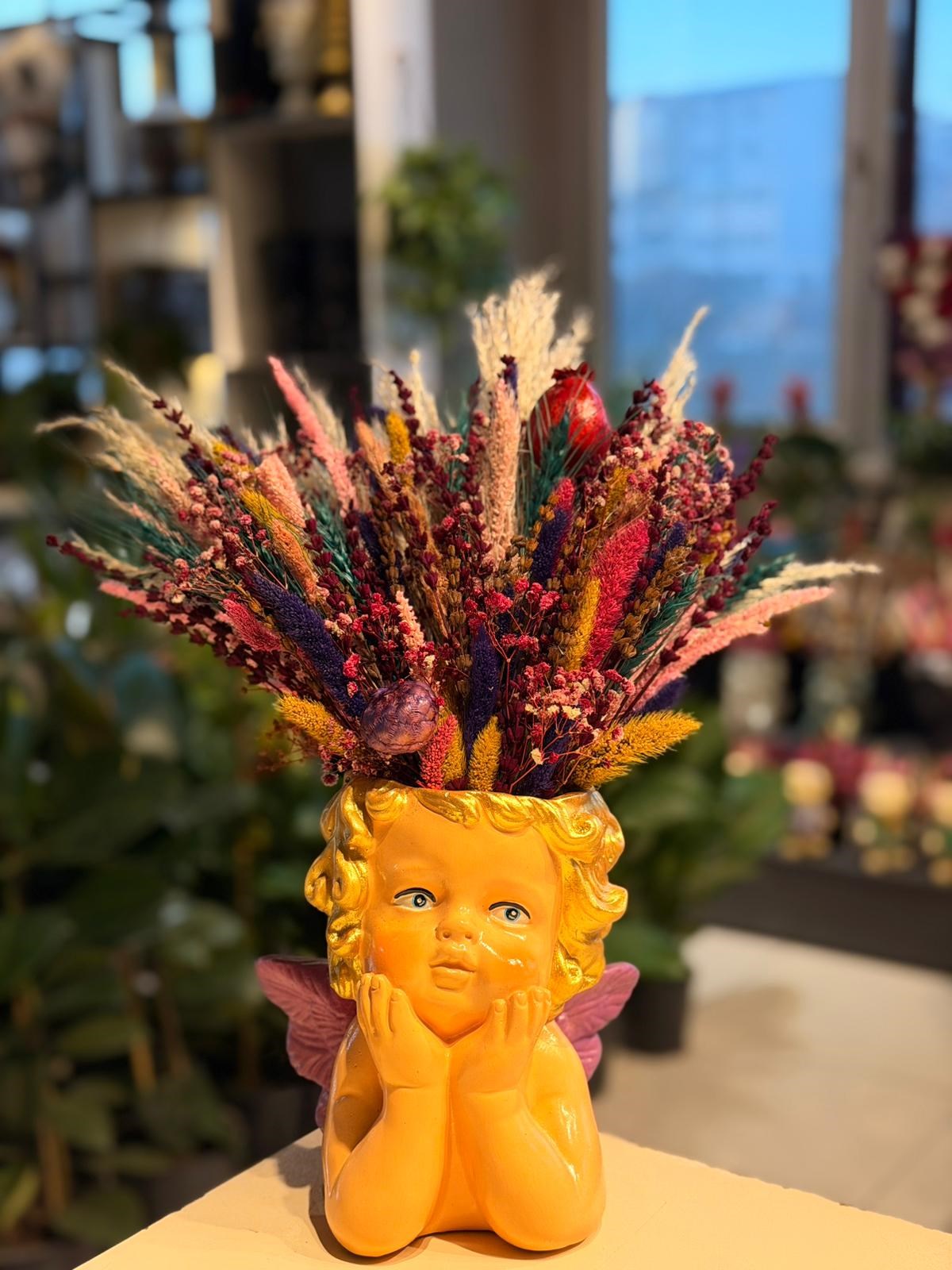 Sarı Saçlı Mor Kanatlı Melek Seramik Kuru Çiçek