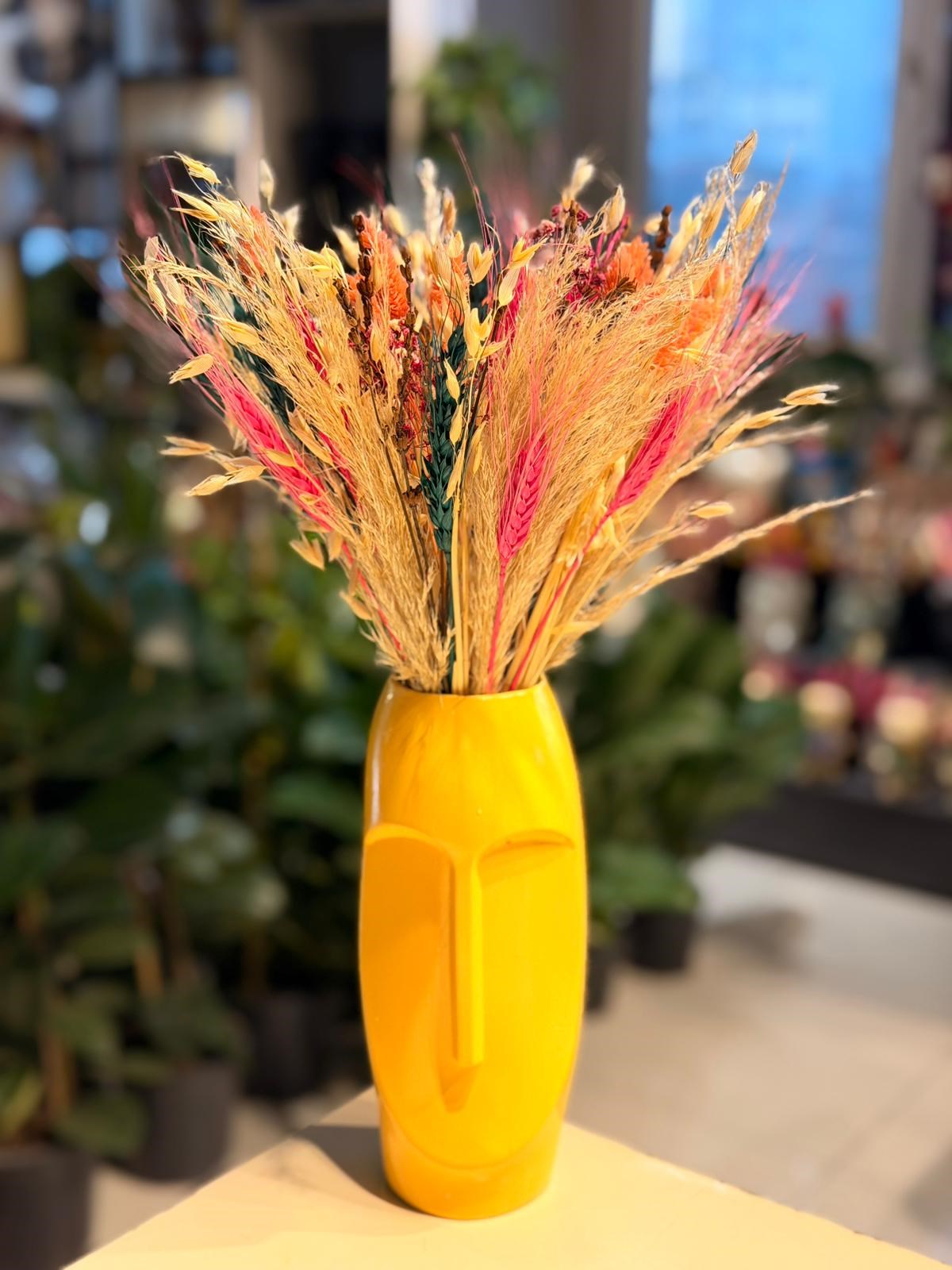 Sarı Vazo Seramik Sarı Kuru Çiçek 