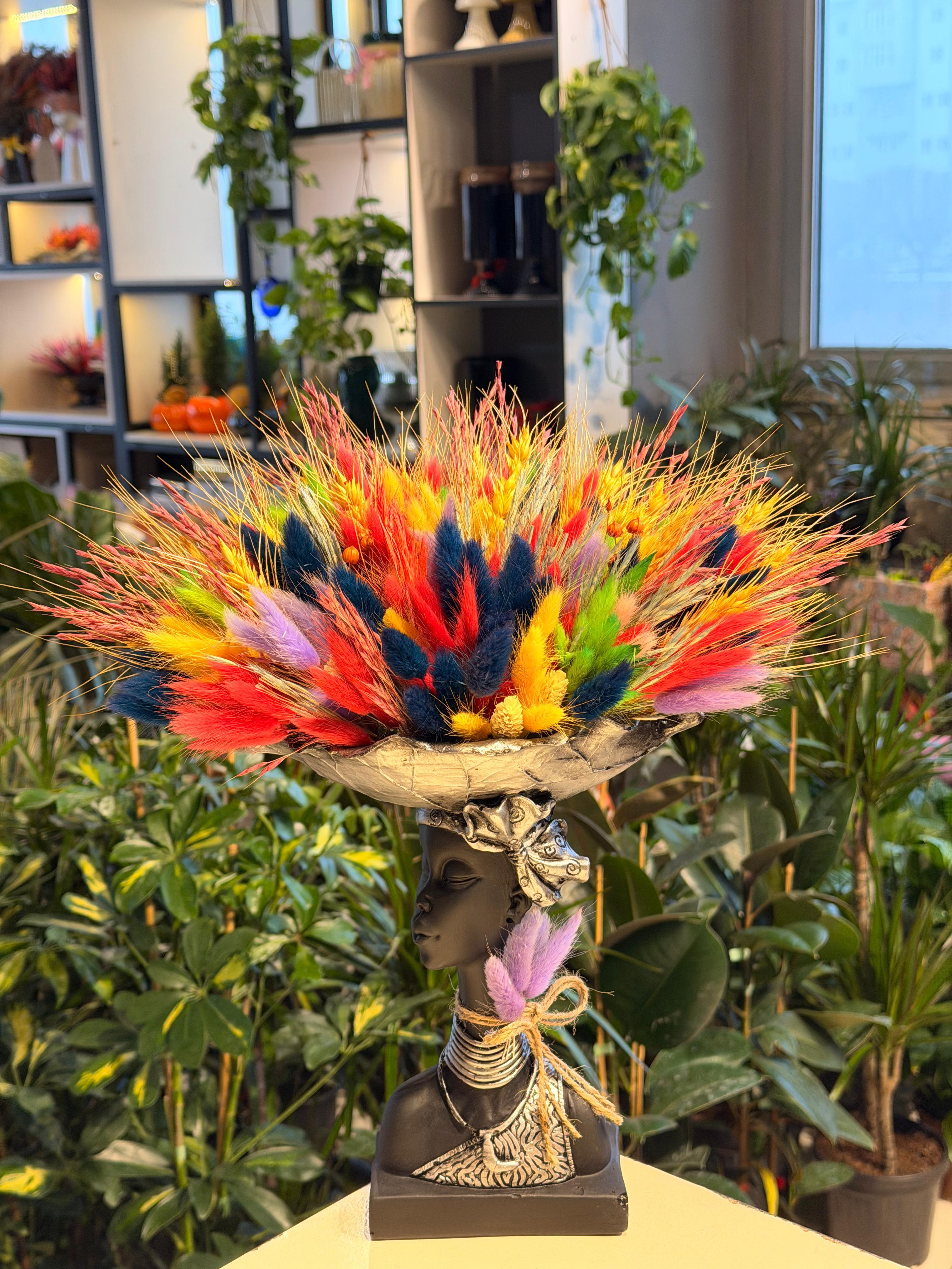 Siyah Gümüş Arap Kızı Seramik Mor Kuru Çiçek Detaylı