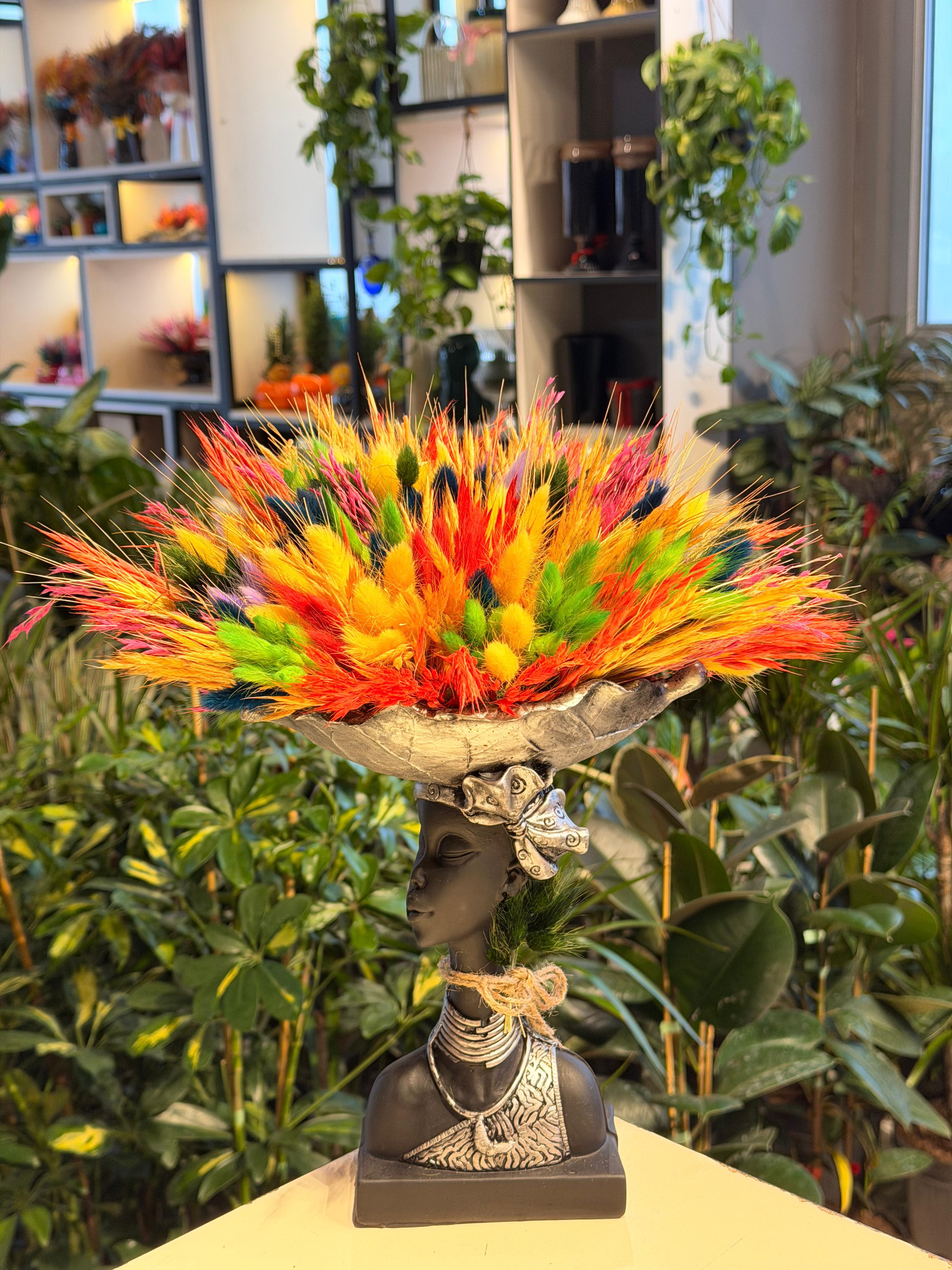 Siyah Gümüş Arap Kızı Seramik Sarı Kuru Çiçek