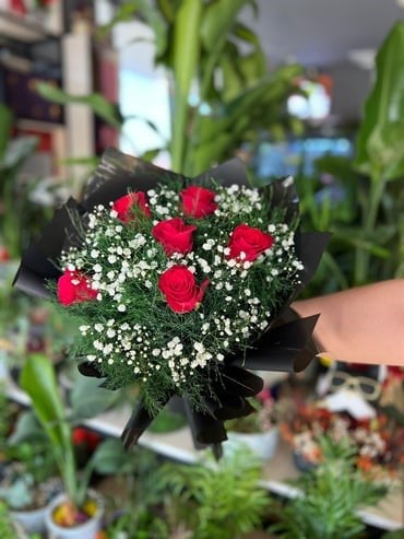 Siyah Pakette İthal Kırmızı Gül Buketi 6 Adet