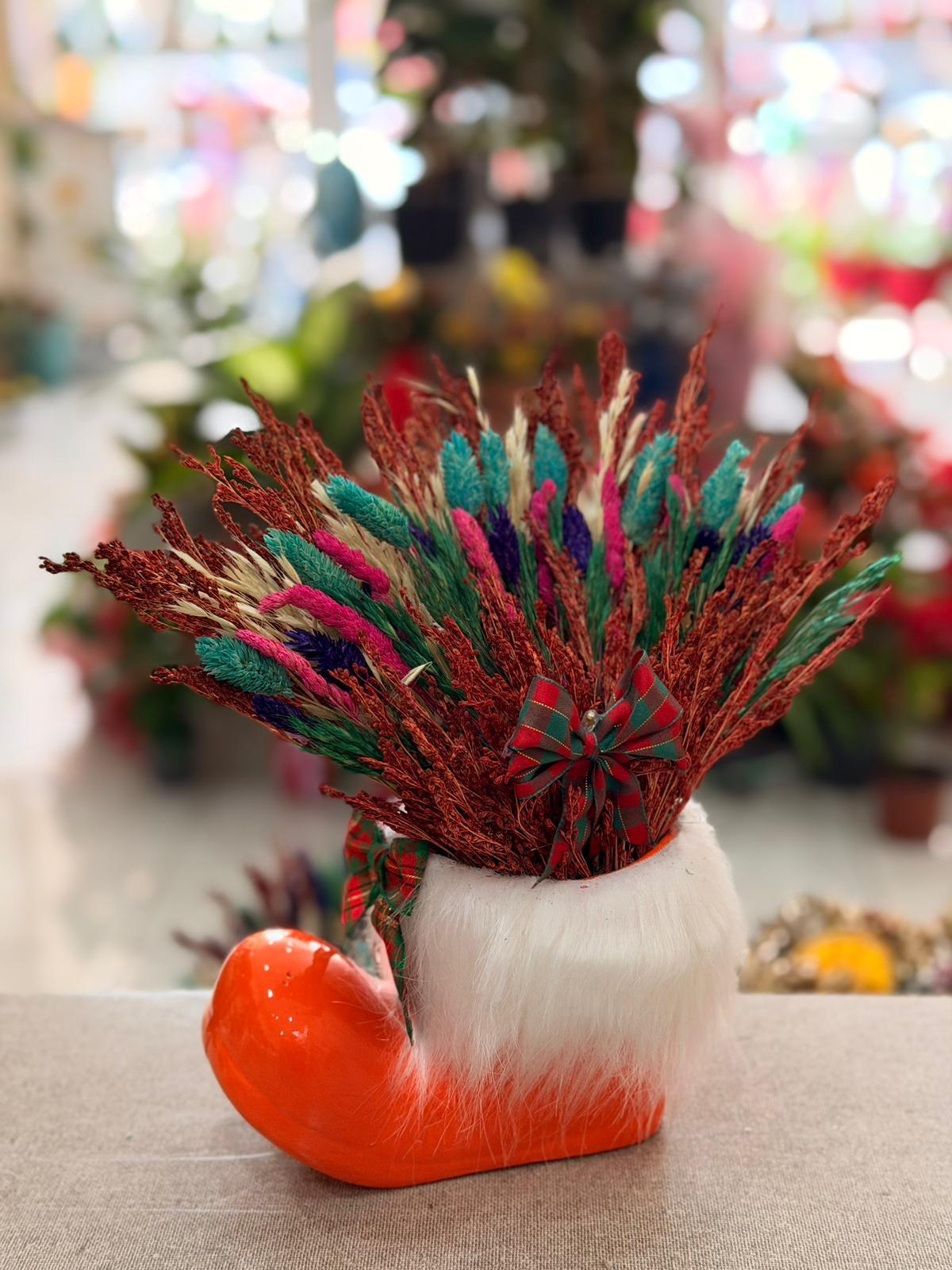 Turuncu Çizme Seramik Kuru Çiçek Kurdele Detaylı