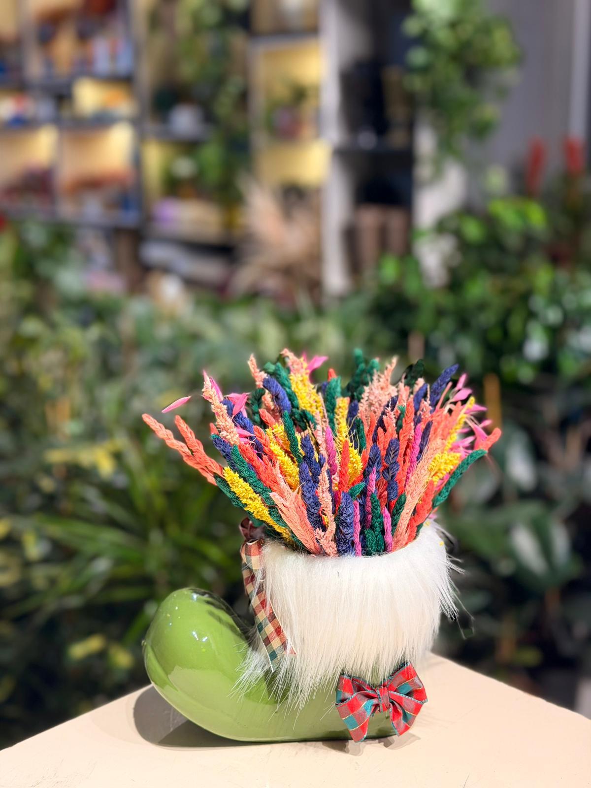 Yeşil Çizme Seramik Kuru Çiçek Kurdele Detaylı