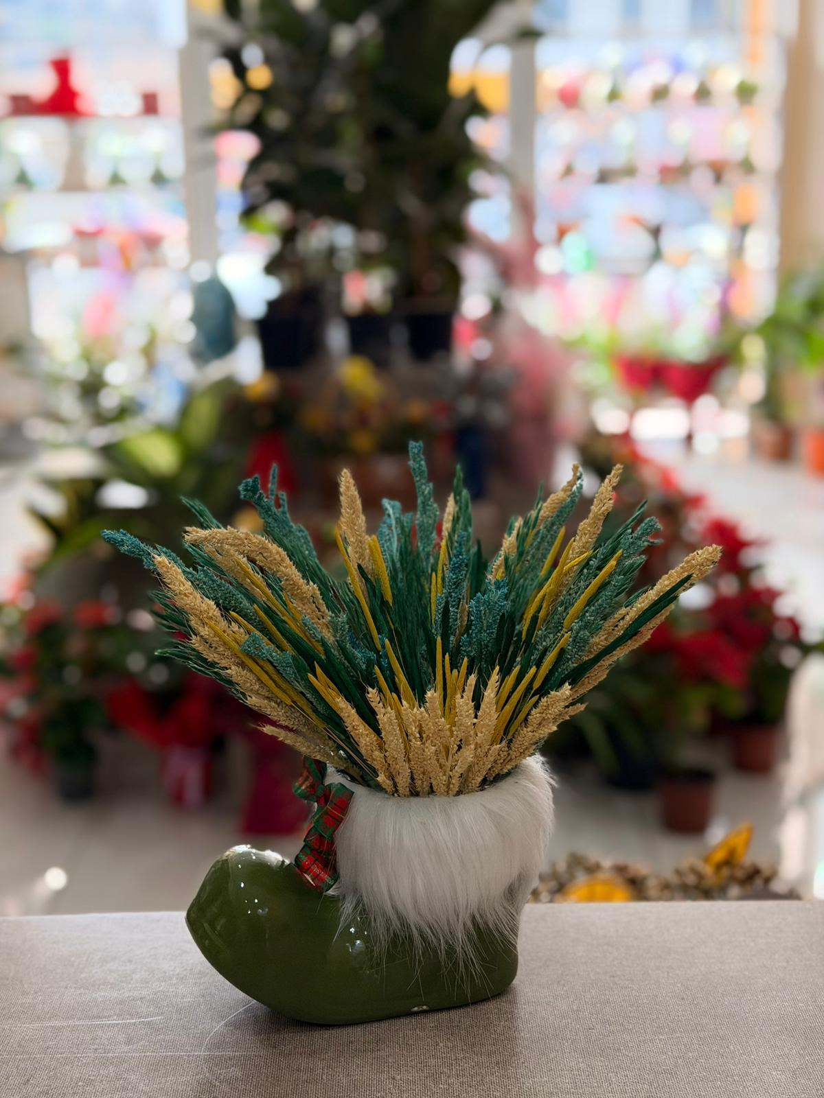 Yeşil Çizme Seramik Mavi Krem Kuru Çiçek Detaylı